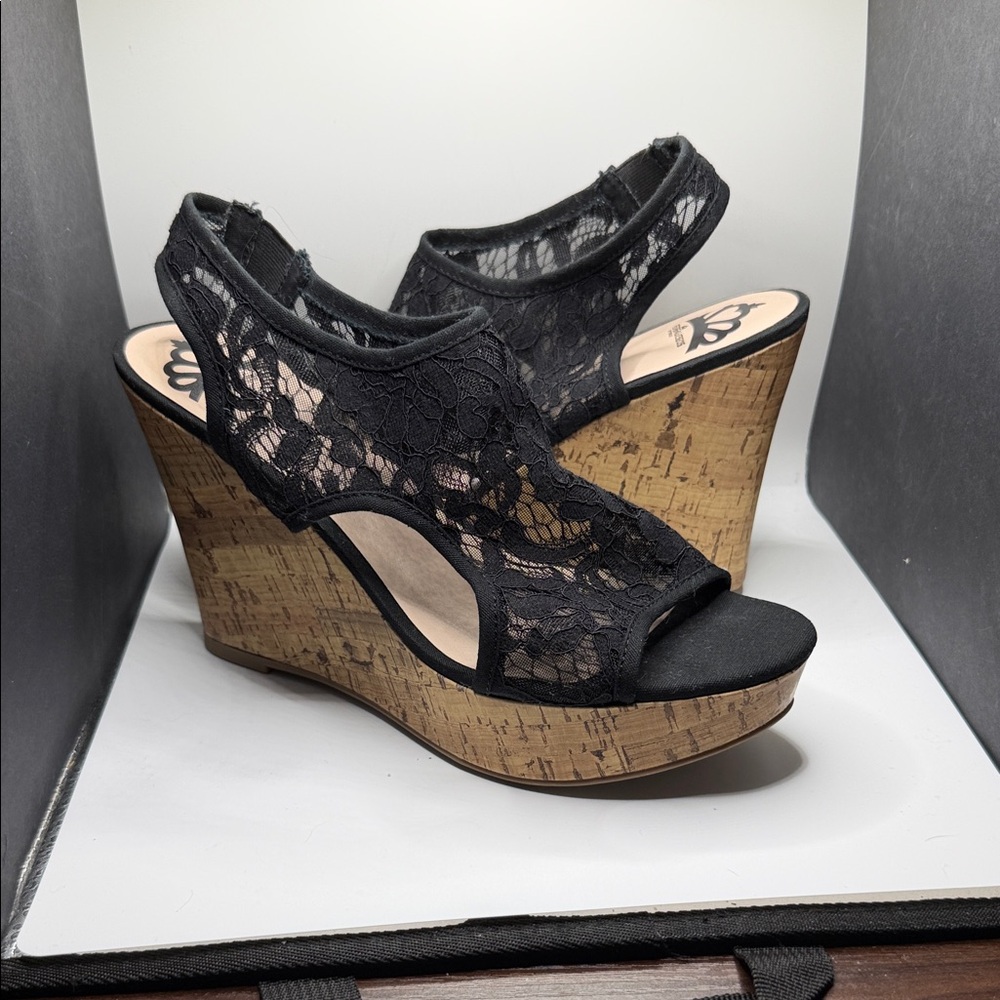 Fergalicious Black Lace Cork Wedge Sandals